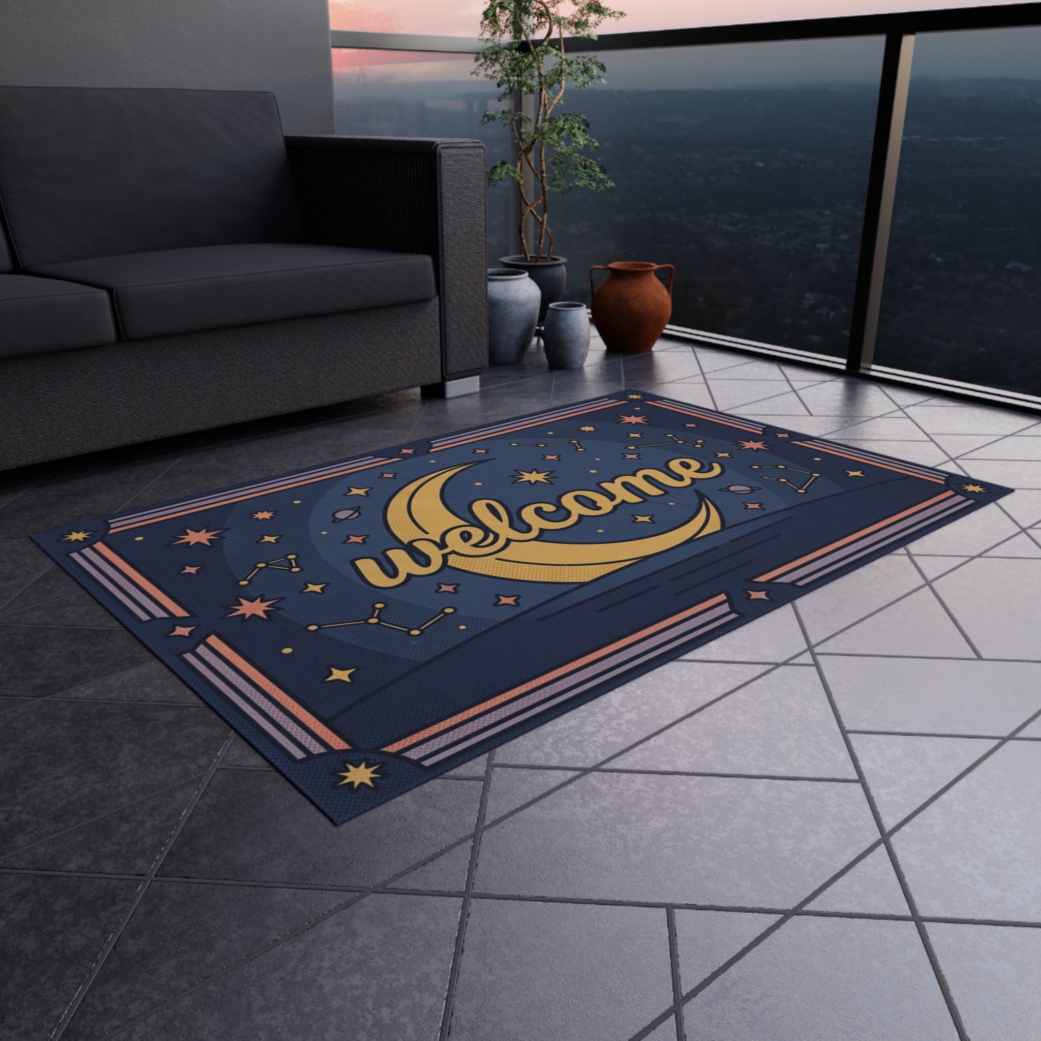Crescent Moon Welcome Outdoor Rug | Star Constellation Doormat