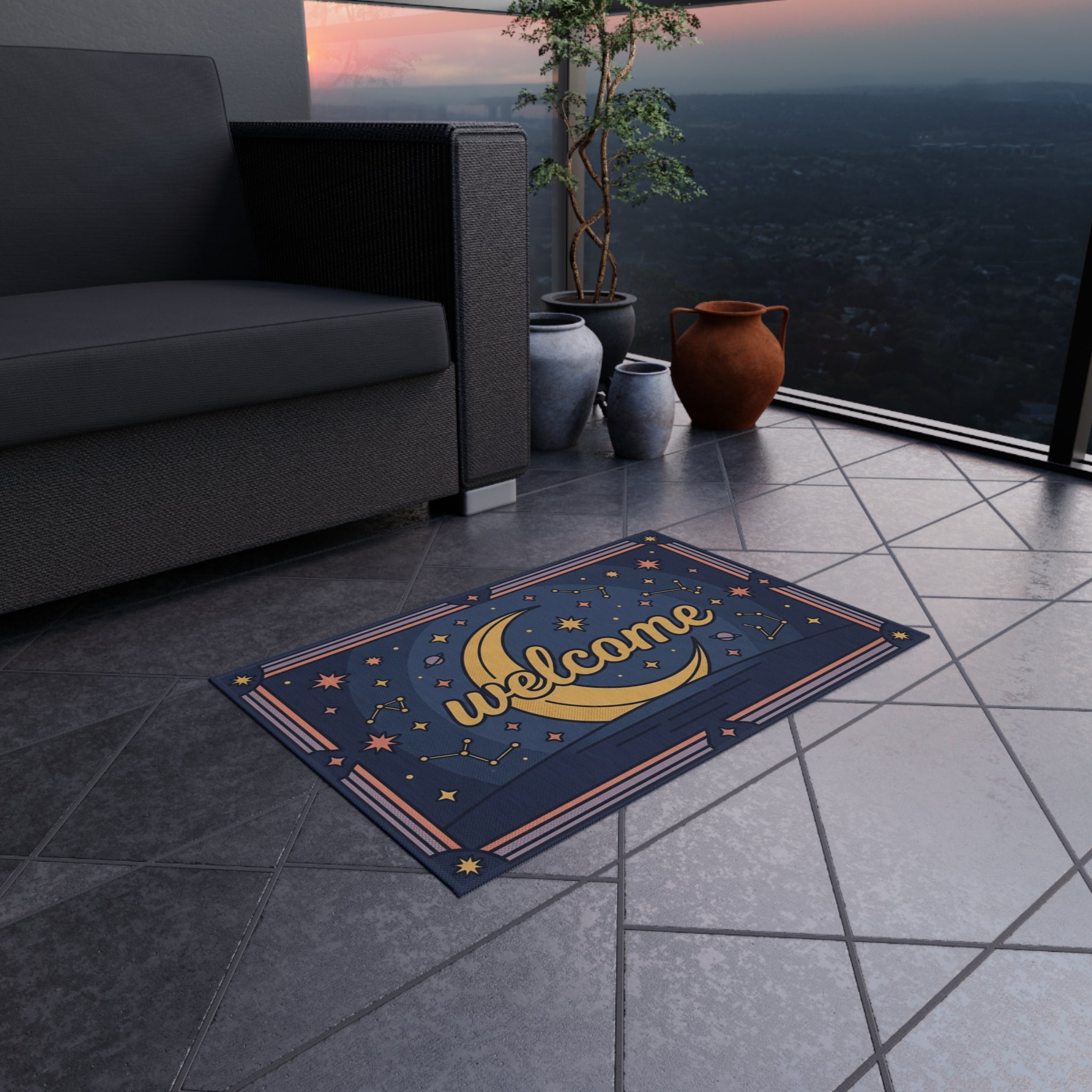 Crescent Moon Welcome Outdoor Rug | Star Constellation Doormat