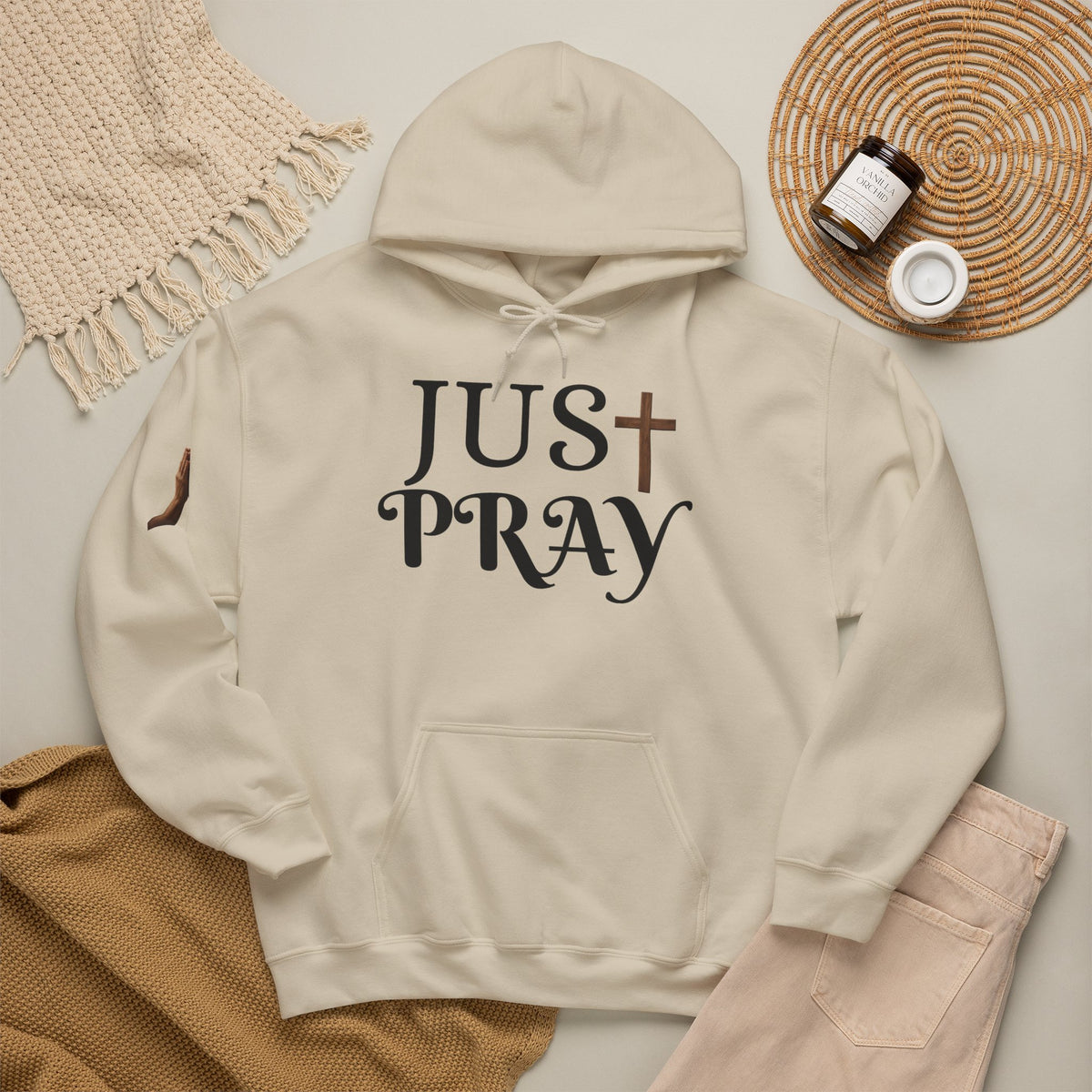 Just Pray Hoodie — Christian Faith Hoodie with Cross & Praying Hands