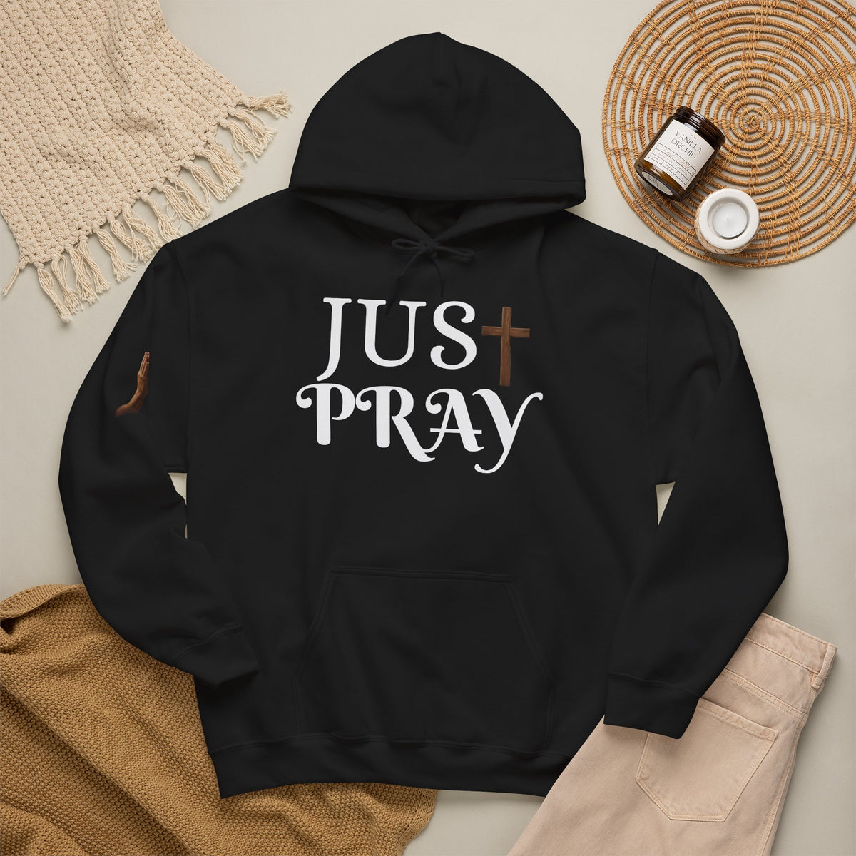 Just Pray Hoodie — Christian Faith Hoodie with Cross & Praying Hands