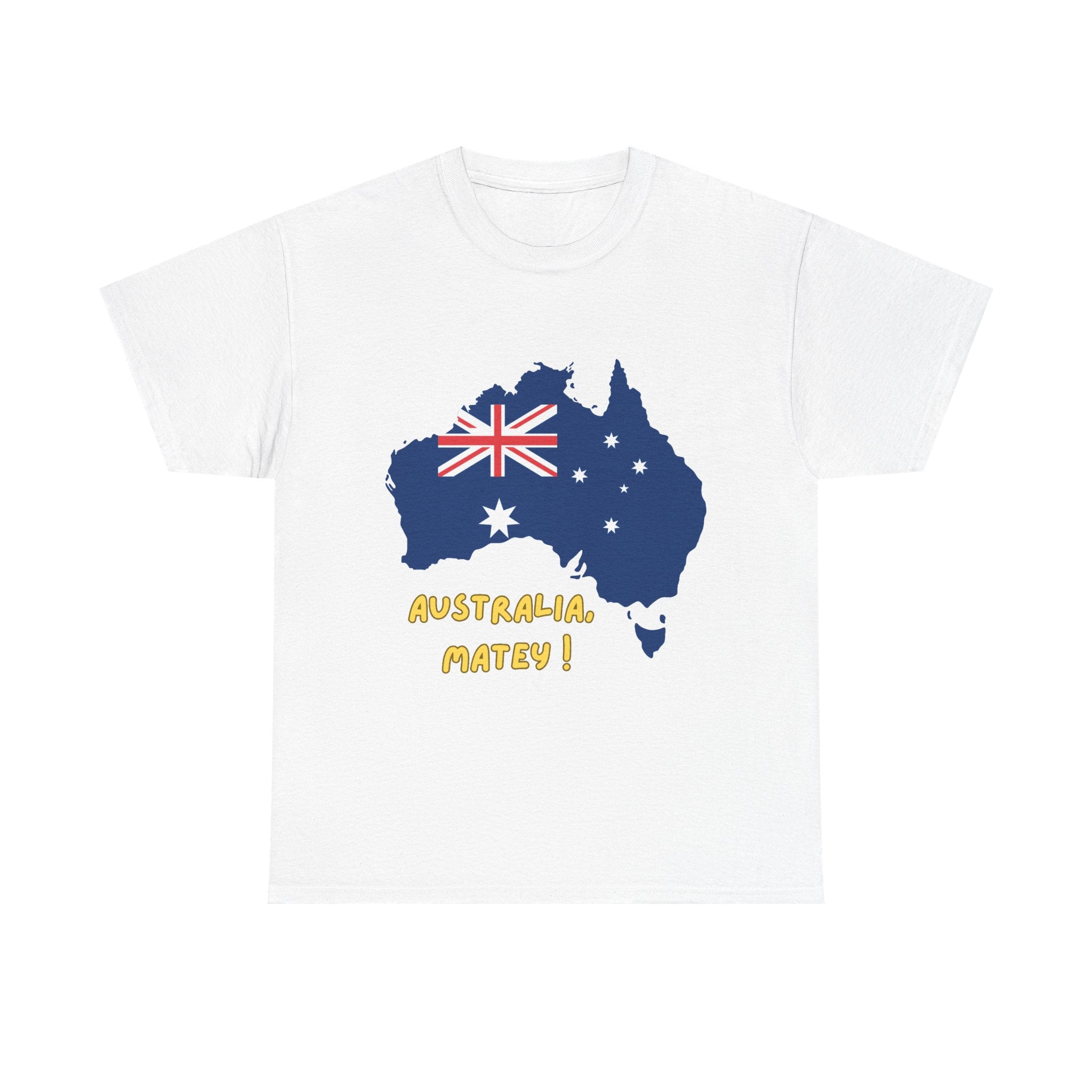 Australia Map Flag T‑Shirt – 'Australia Matey!' Patriotic Aussie Tee for Australia Day & Travel
