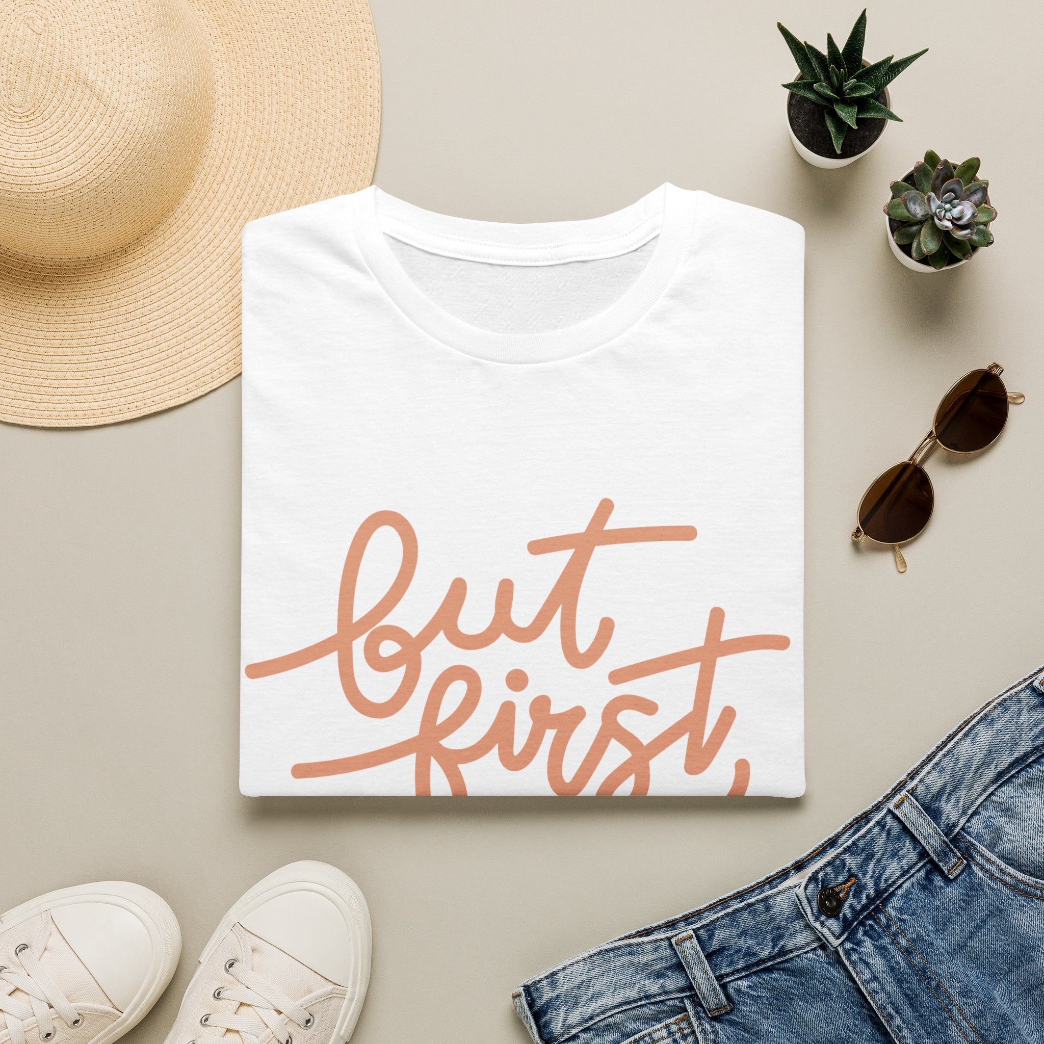 But First Coffee T‑Shirt — 'But First, Coffee' Script Tee for Coffee Lovers