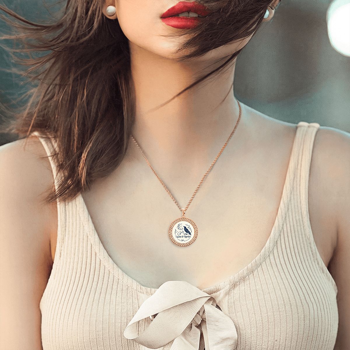 Round Rhinestone Pendant Necklace luna amp; raven logo (1)