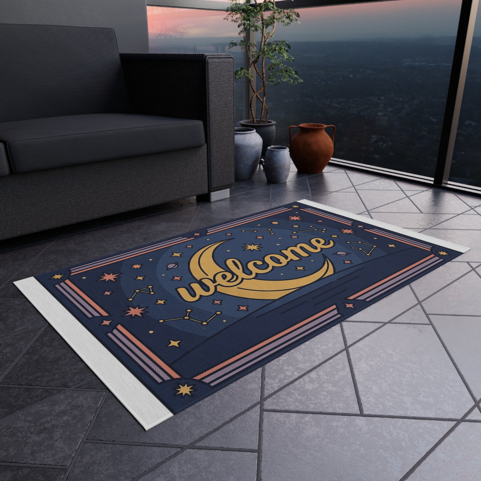 Crescent Moon Welcome Outdoor Rug | Star Constellation Doormat