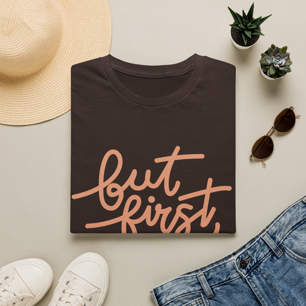 But First Coffee T‑Shirt — 'But First, Coffee' Script Tee for Coffee Lovers