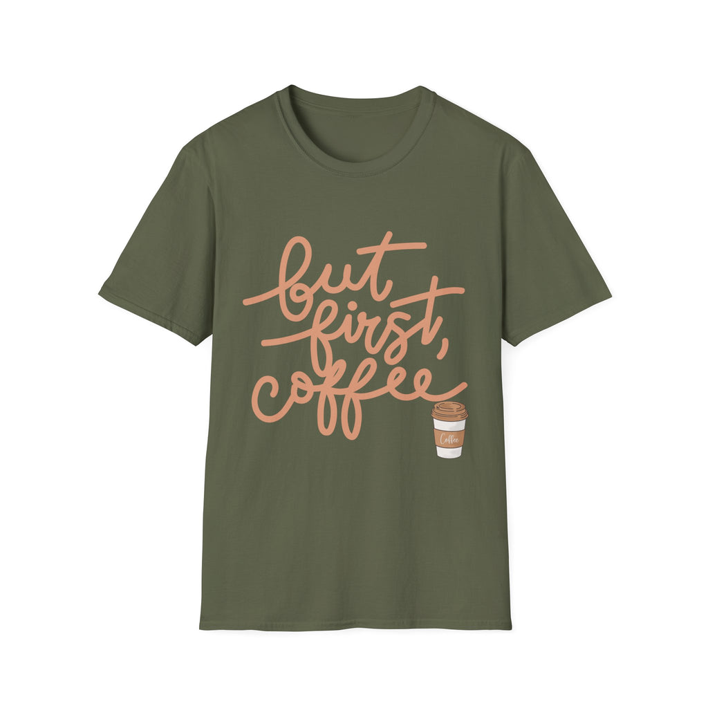 But First Coffee T‑Shirt — 'But First, Coffee' Script Tee for Coffee Lovers