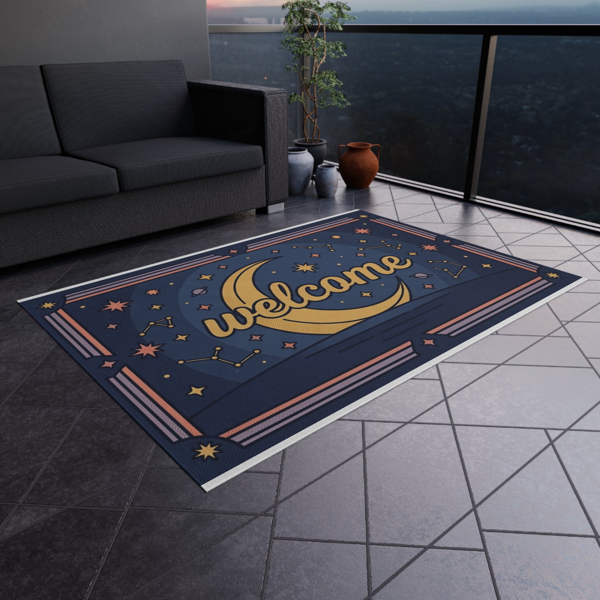 Crescent Moon Welcome Outdoor Rug | Star Constellation Doormat