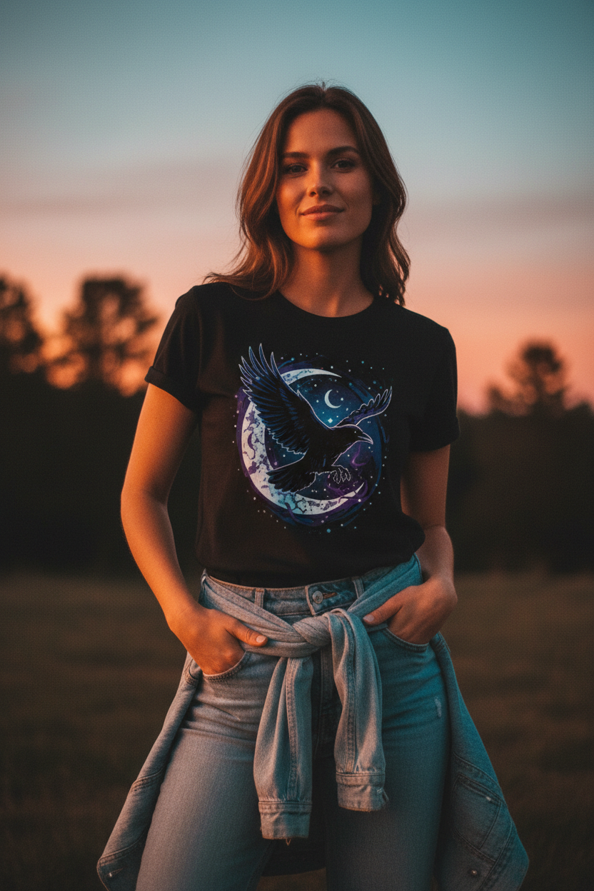 Woman wearing Mystic Raven Moon celestial graphic tee at dusk