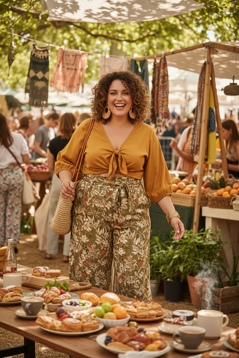 Plus-size woman wearing tied 3/4 sleeve top at an outdoor brunch